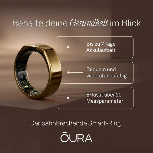 A minimalist, square-format ad showcasing a gold smart ring against a warm, neutral background with clearly listed product benefits.